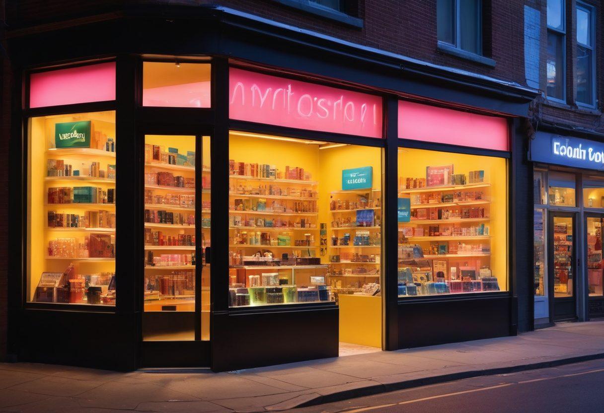 A vibrant and enticing storefront of an adult goods store, showcasing an array of colorful products in the window, surrounded by soft, inviting lighting. The street view includes curious onlookers with diverse expressions of intrigue and amusement, set against a lively urban background. Emphasize a playful atmosphere with modern design and tasteful presentation. soft-focus. vibrant colors. night scene.