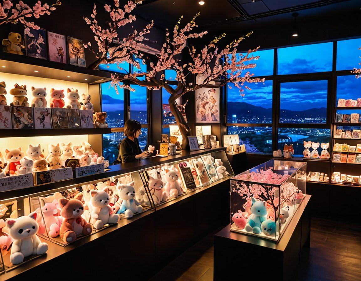 A vibrant and dynamic scene showcasing an array of unique hentai merchandise, including colorful figurines, plush toys, and art books, all displayed against a visually striking backdrop of an anime-inspired landscape. Incorporate elements like cherry blossoms and neon lights to add depth and atmosphere. The merchandise should be the focal point, highlighting the diversity and appeal of the items. emphasize a playful and enticing mood. cartoonish style. vibrant colors.